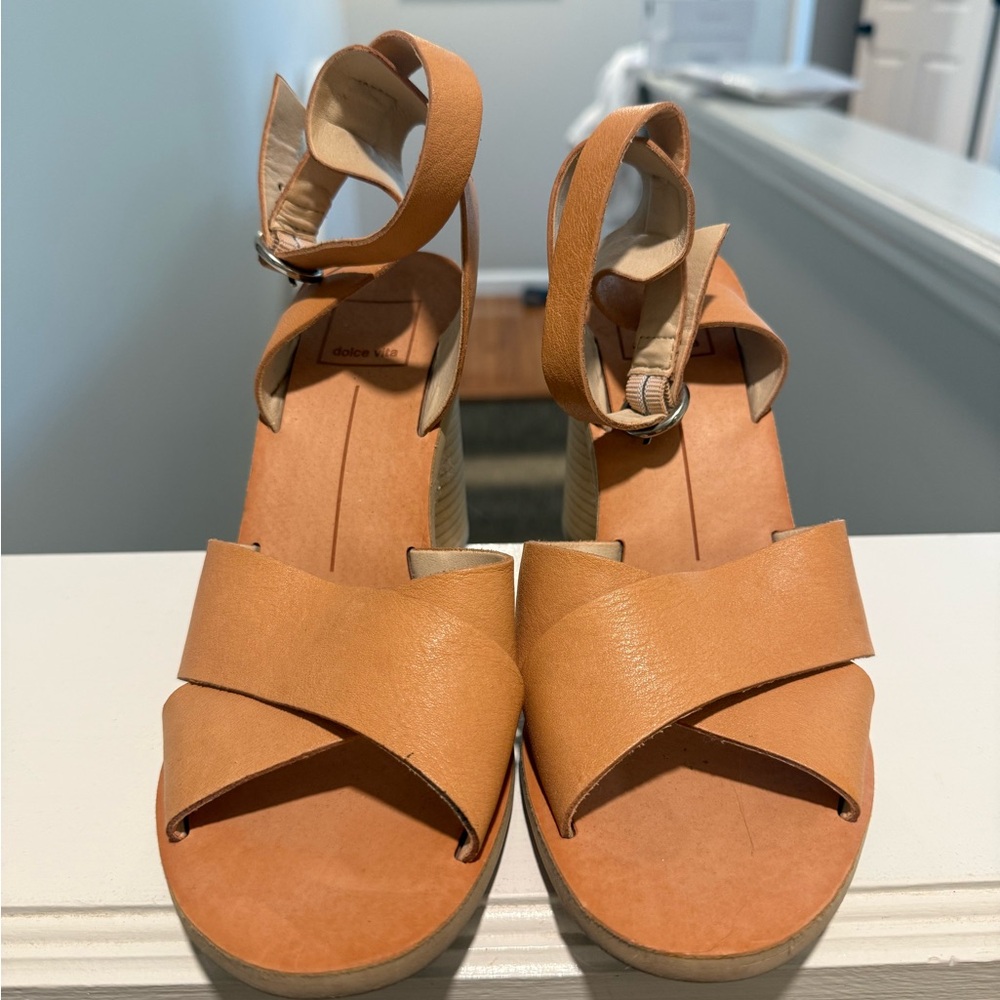 Dolce Vita Tan Leather Cross-Strap Wedge Sandals